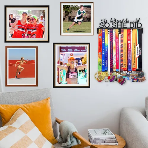 Miniatura 5 de Goutoports Estante de exhibición para colgar medallas, organizador personalizado de cinta de premios para corredores de carreras deportivas, placas