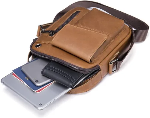 Miniatura 7 de Hebetag Bolso bandolera de cuero pequeño para hombre, para viajes al aire libre, negocios