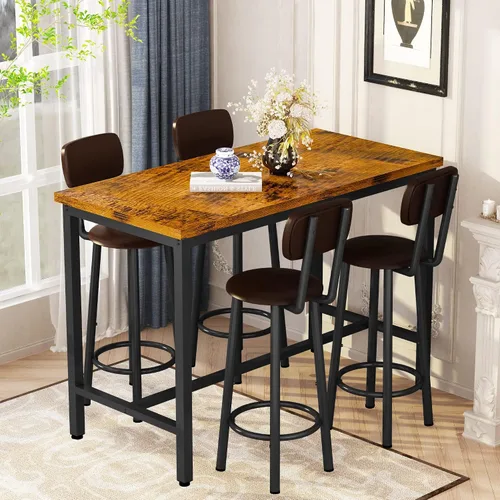 Lamerge Juego de mesa de bar para 4 mesas y sillas de cocina, mesa de comedor industrial con 4 taburetes tapizados de poliuretano, mesa de pub de