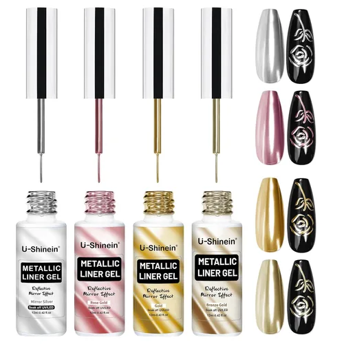 Miniatura 9 de Juego de esmaltes de gel de pintura de espejo metálico de 4 x 0.4 fl oz, esmalte de uñas de gel pintado con efecto cromado espejo, gel de dibujo