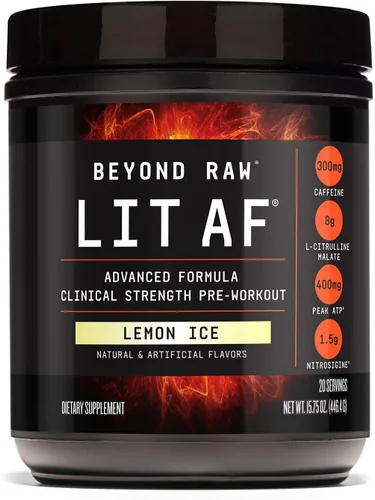 BEYOND RAW LIT Fórmula Avanzada de Pre-Entrenamiento, Hielo de Limón, para Energía, Enfoque, Resistencia, Bombeo, con 300mg de Cafeína de Liberación