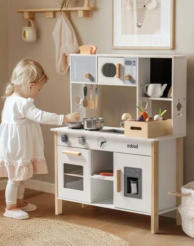 ROBUD Cocina de juguete para niños – Cocina de juguete de madera con caja de plantación, juego de cocina Montessori con máquina de hielo y horno de