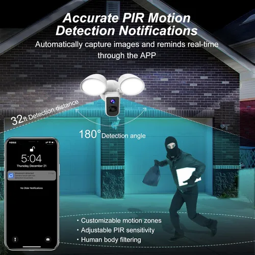 Miniatura 2 de deerdance Cámara inteligente con cable para exteriores, luz de inundación con sensor de movimiento, 2200 lúmenes, LED 1080P HD, video en vivo