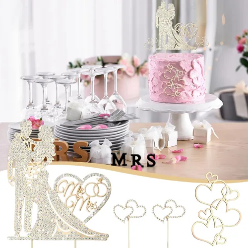 Miniatura 3 de Spiareal 4 piezas Decoración para tarta de boda de señor y señora con diamantes de imitación, novia y novio, corazón de amor, decoración de pastel