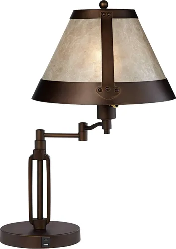 Miniatura 7 de Franklin Iron Works Samuel - Lámpara de mesa rústica con brazo oscilante de 21 1/4 pulgadas de alto con puertos USB, carga A+C, pantalla de mica