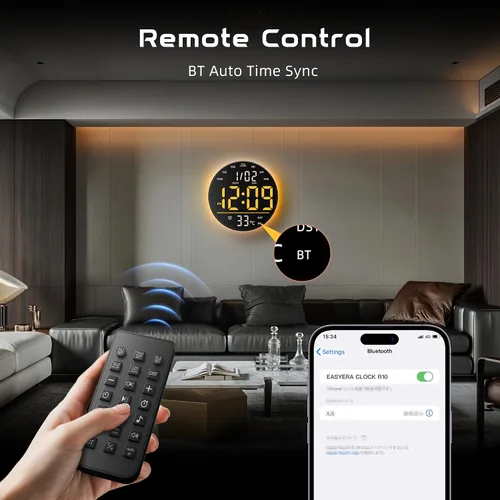 Miniatura 6 de EASYERA Reloj de pared digital grande de 10 pulgadas con control remoto, sincronización de música, luz de atmósfera RGB, baja reflectancia