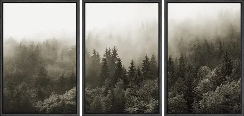 SIGNWIN Juego de decoración para habitación infantil con arte en lienzo enmarcado de bosque con niebla y bruma sobre un bosque de pinos azules,