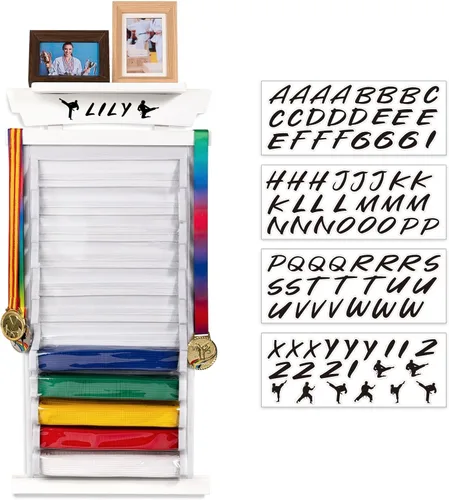 Miniatura 8 de Tilhumt 10/12 Belts Karate Belt Display Rack with Photo Shelf, Felt Taekwondo Belt Display Rack Martial Arts Belt Display for Adults TKD, BJJ Blanco