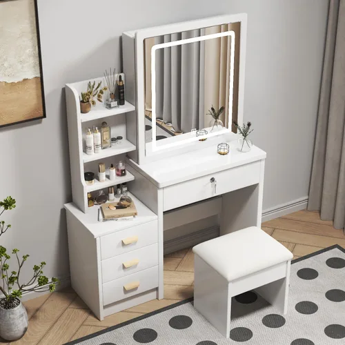 Miniatura 8 de Runboll - Tocador con espejo LED y luces, mesa de maquillaje con taburete acolchado, juego de tocador con 4 cajones, 3 estantes para dormitorio