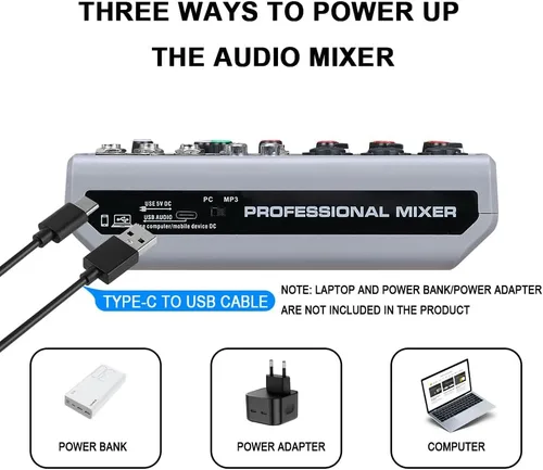 Miniatura 9 de BOMGE Mezclador de audio, consola de mezcla de tablero de sonido con 5 canales digitales USB Bluetooth, efecto de eco y retardo, alimentación