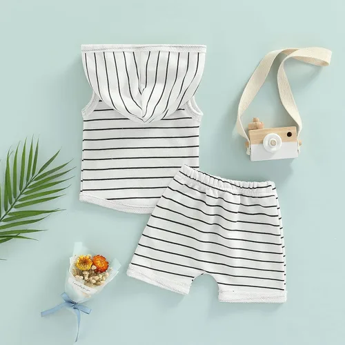 Miniatura 3 de BemeyourBBs Conjunto de ropa de verano para bebé niño con capucha y bolsillo y pantalones cortos de cintura elástica