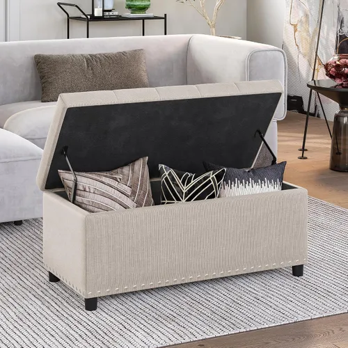 Miniatura 5 de BELLEZE Otomana de almacenamiento, otomana copetuda con bisagra de cierre, reposapiés para sala de estar (beige, 31 pulgadas)