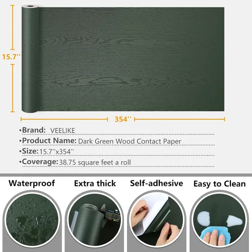 Miniatura 9 de VEELIKE Papel de contacto de madera verde oscuro, papel tapiz de madera para despegar y pegar, extraíble, 15.7 x 354 pulgadas, papel de contacto