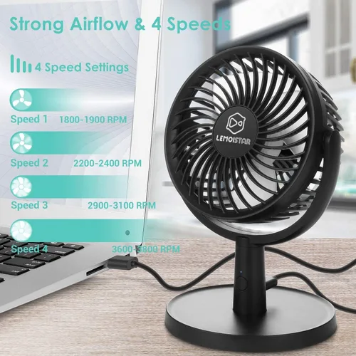 Miniatura 2 de Shinebella Ventilador de escritorio pequeño de 4 velocidades con fuerte flujo de aire, mini ventilador USB portátil personal, silencioso, rotación