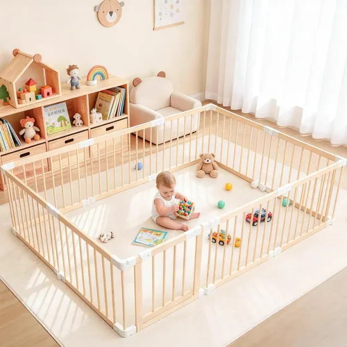 Miniatura 9 de Corralito para bebés, corralito para bebés y niños pequeños, patio de juegos plegable de madera con puerta, centro de actividades ajustable