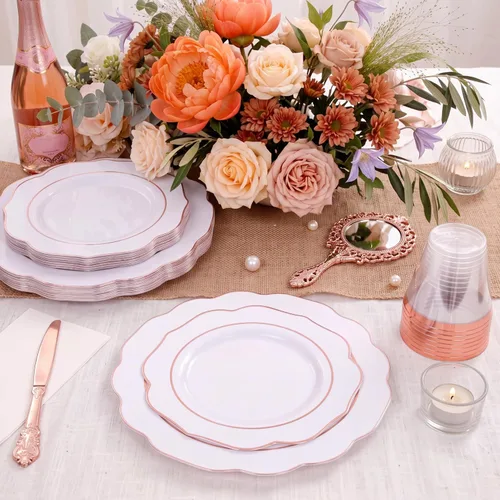 Miniatura 4 de NOCCUR 175 platos de plástico color oro rosa con cubiertos desechables, incluye 25 platos de cena, 25 platos de postre, 25 tenedores, 25 cuchillos