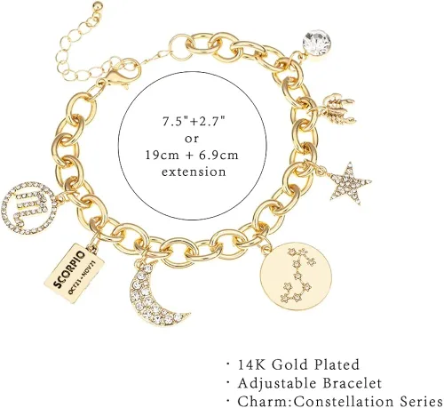 Miniatura 7 de Madison Tyler - Pulsera para mujer con dijes, símbolo de constelación del zodiaco, chapada en oro, placa de identificación, luna, constelación