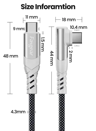 Miniatura 7 de Fasgear Cable USB C a USB C de 100 W – Paquete de 3 cables USB 2.0 tipo C a tipo C PD de 3 pies y 6 pies y 10 pies de carga rápida de ángulo recto