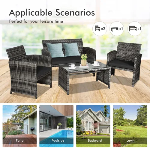 Miniatura 8 de Goplus Juego de muebles de ratán de 4 piezas, sofá de conversación de mimbre para exteriores con cojines resistentes a la intemperie y mesa de Negro