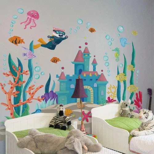 Miniatura 6 de Calcomanías de pared de peces marinos 3D bajo el mar, castillo, calcomanías de pared removibles de algas marinas, corales de medusas de burbujas
