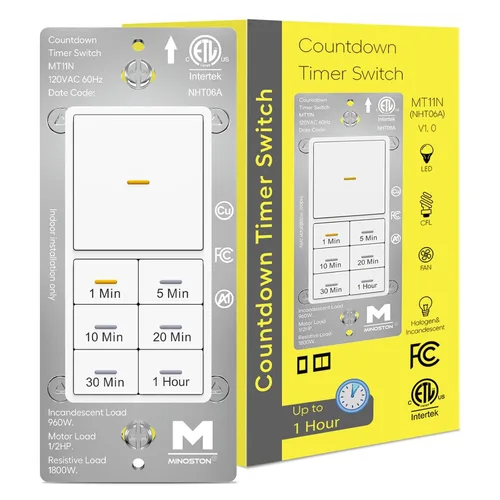 Minoston Interruptor de luces de temporizador, 1-60 minutos, temporizador de pared de cuenta regresiva para ventiladores de baño, calentadores,