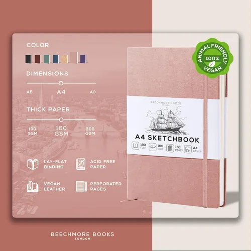 Miniatura 2 de Beechmore Books Cuaderno de bocetos A4 – 8.5 x 11 pulgadas, encuadernado en cuero vegano de alta calidad, tapa dura con 156 páginas gruesas de 160