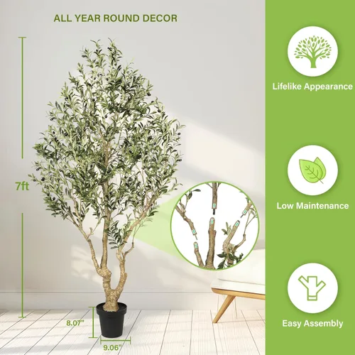 Miniatura 3 de FEELEAD Olivos artificiales para interiores de 7 pies, olivo sintético de 7 pies con tronco de aspecto natural, hojas realistas y frutas realistas