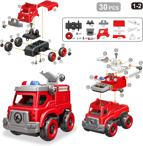 Miniatura 4 de Camión de juguetes desmontables 4 en 1 con taladro eléctrico, vehículos de juguete camión de bomberos de montaje DIY, juguetes de autos educativos