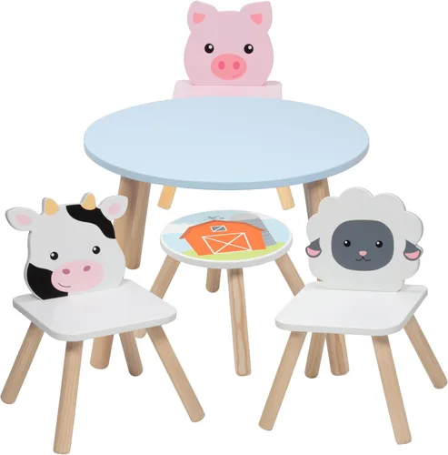 Miniatura 7 de Juego de mesa y silla de animales de madera para niños con 4 asientos, lindo para artes y manualidades de Pascua, ovejas de cerdo de vaca y taburete
