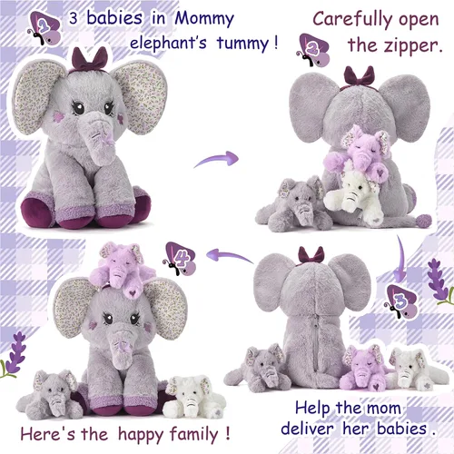 Miniatura 3 de Elefante mamá de peluche de animal de peluche mamá y bebé, lindo juego familiar pequeño de 13 pulgadas con mini bebés, regalos para niños