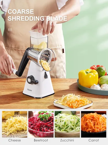 Miniatura 3 de Reemix - Rallador rotativo de queso con asa, triturador de queso vegetal para cocina, 3 cuchillas intercambiables para queso, papa, calabacín, Blanco
