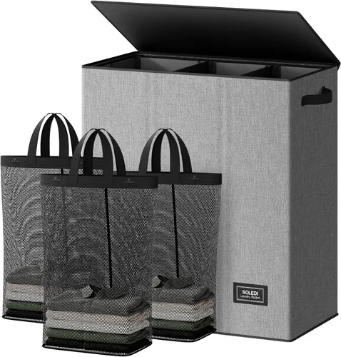 Miniatura 16 de SOLEDI Cesta de ropa sucia de 180L de 3 secciones, cesta de ropa sucia extra grande con tapa, cesta de ropa sucia con asa resistente, organizador