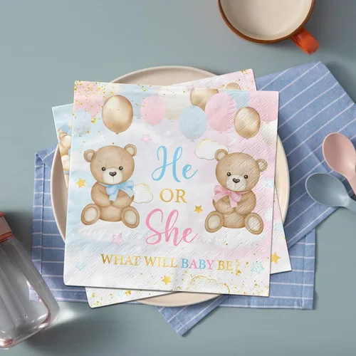 Miniatura 3 de Decoraciones de revelación de género con oso de peluche, servilletas temáticas de oso rosa y azul para baby shower de 40 piezas ¿Será niño o niña?