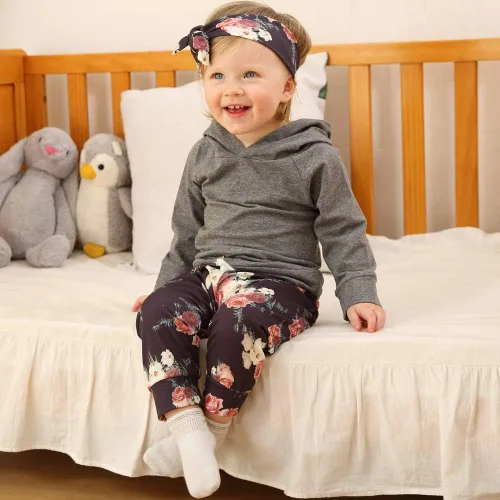Miniatura 2 de Ropa de bebé niña de manga larga con capucha sudadera con pantalones florales con diadema conjuntos de ropa