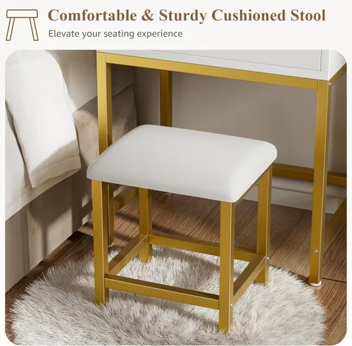 Miniatura 4 de BOLUO Tocador Dorado de Maquillaje con Espejo de Hollywood y Luces, Juego de Tocador para Niñas con Taburete, Mesa de Maquillaje Compacta