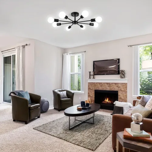 Miniatura 7 de Lámpara de Techo Semiempotrada de 23.62'', Candelabro Moderno de 8 Luces Negro para Sala de Estar, Candelabro de Luces Sputnik para Dormitorio