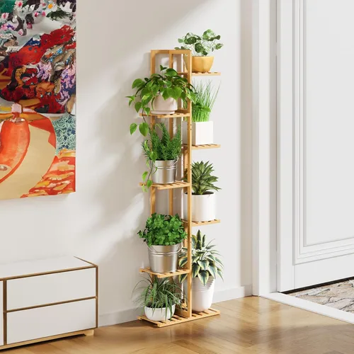 Miniatura 4 de ROSSNY Soporte para plantas de interior de 55 pulgadas de alto, 7 niveles y 8 macetas de bambú para plantas de interior, soporte de esquina