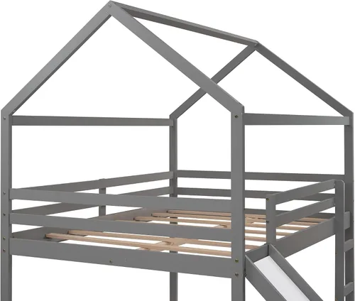 Miniatura 9 de Harper & Bright Designs Cama alta de tamaño matrimonial con tobogán, cama alta de madera, marco de cama tipo loft con techo y barandilla, cama alta