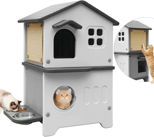 Miniatura 9 de Deblue Casa de plástico para gatos para interiores y exteriores, resistente a la intemperie, para gatos salvajes, refugio único para gatos pequeños