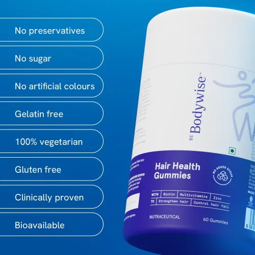 Miniatura 5 de Be Bodywise Gomitas para el crecimiento del cabello con biotina para mujeres I sin azúcar I Vitaminas para la piel y las uñas I Biotina, zinc, ácido