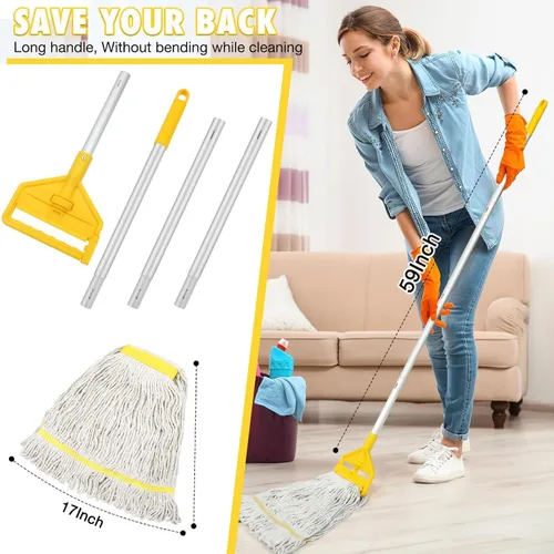 Miniatura 4 de Trapeador industrial comercial resistente con 3 cabezales de repuesto, trapeadores húmedos de cuerda de extremo con bucle con mango largo