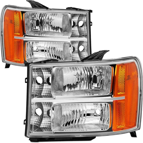 Par de ensamble de faros Reinko compatible con GMC Sierra 1500 2007-2013/Sierra 2500HD 3500HD 2007-2014, carcasa de lámpara de repuesto cromada con