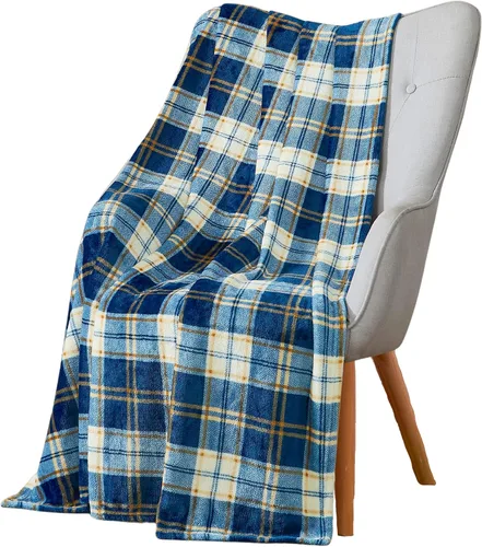 Miniatura 2 de Manta de Forro Polar a Cuadros Verde Azulado de Granja: Diseño Tartán Suave Azul Crema Marrón Decorativo para Sofá Sillón Silla Cama Dormitorio