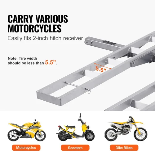 Miniatura 6 de VEVOR Portabicicletas, 2 bicicletas de 600 libras, soporte de enganche de motocicleta de aluminio, rampa de carga, transportador de remolque de moto