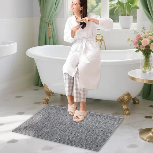 Miniatura 3 de HDFK Alfombra de baño antideslizante de 24 x 16 pulgadas, 2 tonos, felpilla suave, con respaldo de TPR Absorbencia sólida negro blanco Alfombra