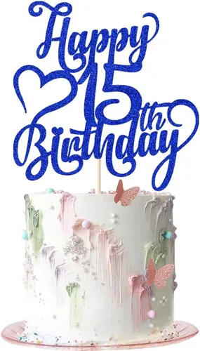 Miniatura 17 de Decoración para tarta de cumpleaños número 15 con purpurina dorada – 15 aniversario/cumpleaños – Hello 15, Cheers to 15 años, 15 & Fabulous Cake