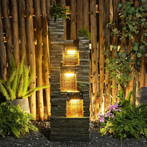 Miniatura 8 de Fuente de agua moderna de 3 niveles para interior/exterior de 35" de alto con luces LED y bomba, cascada en cascada independiente al aire libre