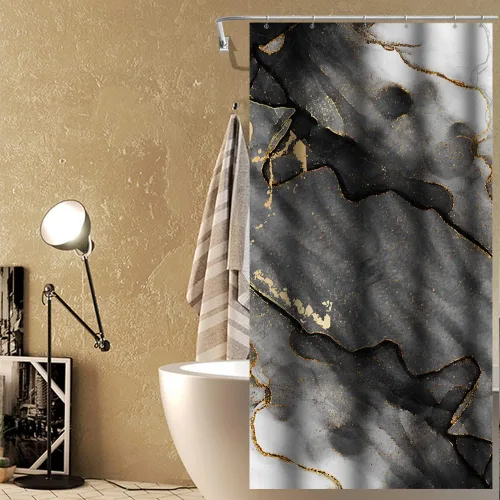 Miniatura 2 de Cortina de ducha de mármol blanco y negro de 36 x 72 pulgadas, tinta de pintura abstracta, textura de arte líquido, líneas agrietadas doradas