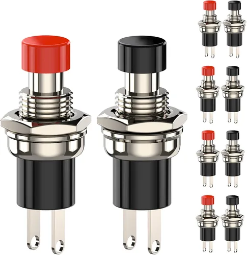 Miniatura 10 de Interruptor de botón momentáneo, 1A 250VAC SPST Mini interruptores de botón cerrado normal (NC) tapa negra y roja - 10 piezas
