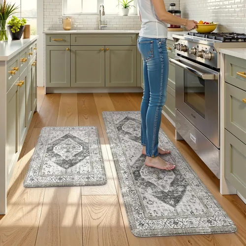 Miniatura 89 de KIMODE - Juego de 2 tapetes de cocina bohemios, antifatiga, antideslizantes, impermeables, ergonómicos, acolchados, cómodos, para lavandería, Caqui
